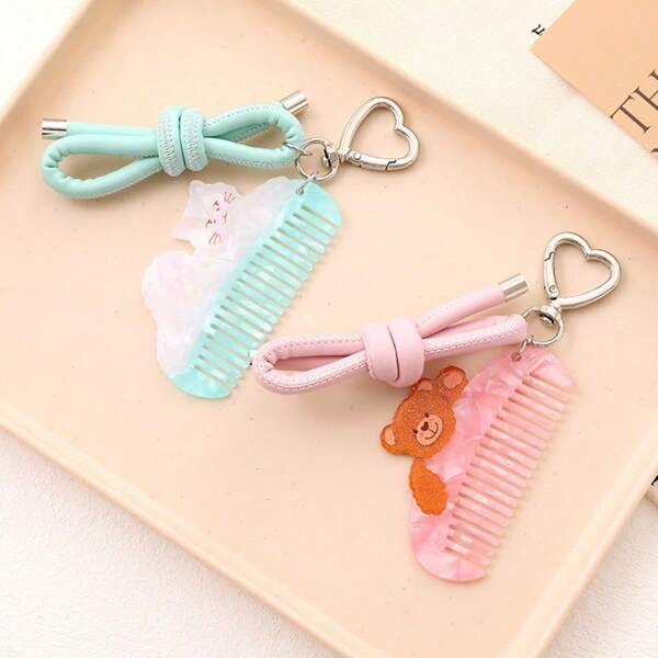 1 pieza Colgante creativo y lindo de oso con peine de ácido acético, cuerda de cuero, lazo, cadena para colgar el teléfono, versátil llavero colgante adecuado para accesorios para el cabello de niñas, decoración de mochila y llavero para bolso