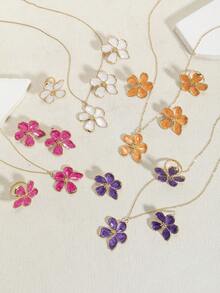 1pc Necklace, 1 Pair Earrings, 1pc Ring, Colorful Enamel Four-Petal Flower, Five-Petal Flower, Egg Flower Floral Jewelry Set, 4pcs/3pcs Set, Suitable For Daily Wear, Vacation, Party, Gifts For Friends - Four-petal Flower Jewelry Set - View 14