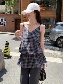 韩版V领复古格纹可调节肩带收腰中长双层吊带连衣裙 夏季优雅 - 藏蓝色 - 查看 1