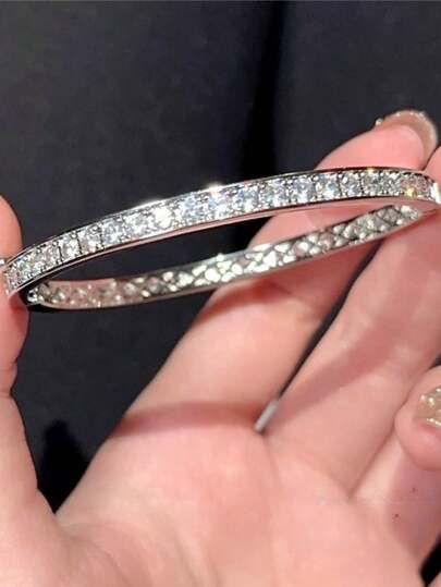 1pc 925 Sterling Silver 18K Gold Plated Diamante Bangle, Luxurious Party Style