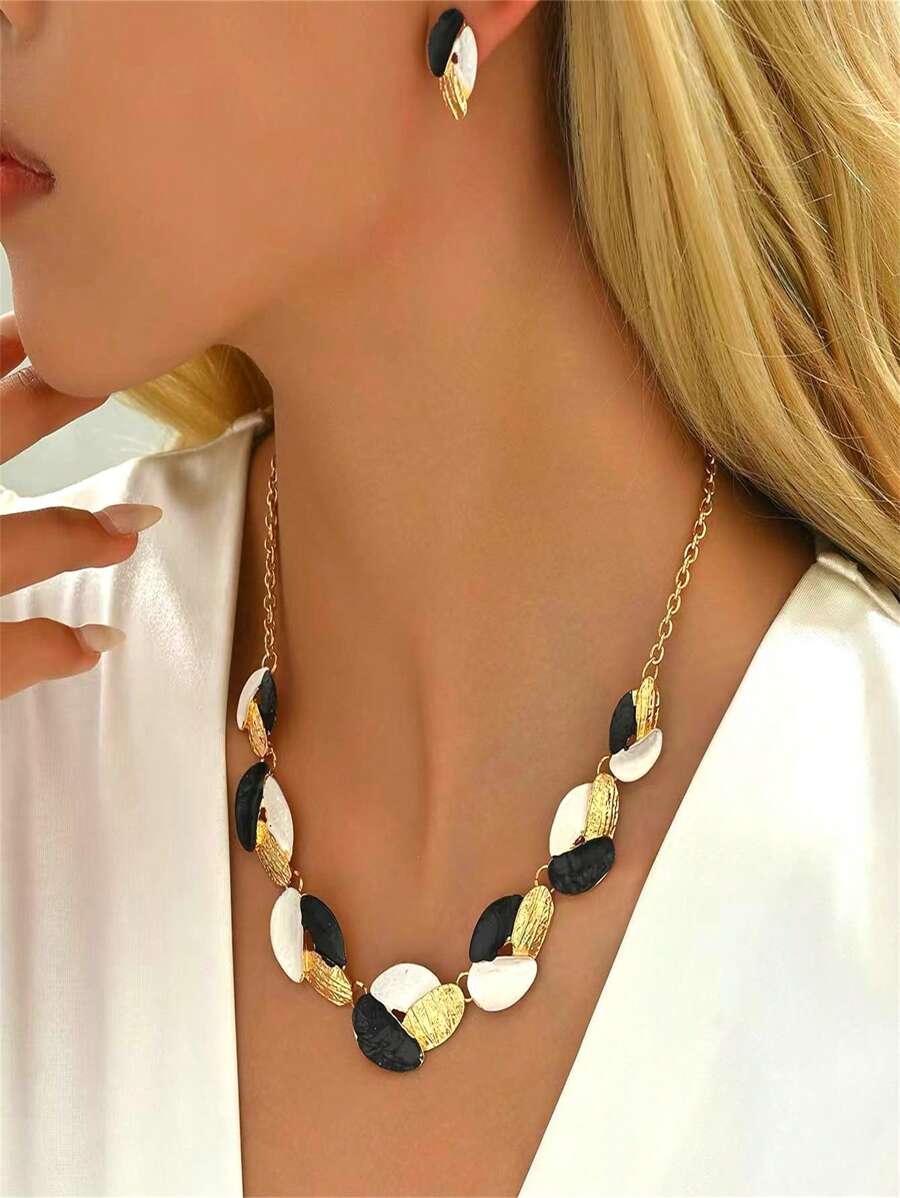 1pc Necklace + 1 Pair Earrings,Fashionable Luxury Creative Metal Leaf Women Jewelry Set