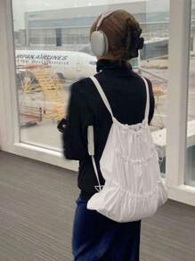 Latest White Drawstring Women Backpack, Lightweight Water-Resistant Nylon Korean Style Bag With Shoulder Strap, Convenient For Outdoor Sports, School, College, University, Casual, Laptop Compartment, High Capacity, Suitable For Girls, Students, Outdoor, Travel, Hiking, School, Office, Fashion, Campus, Shopping