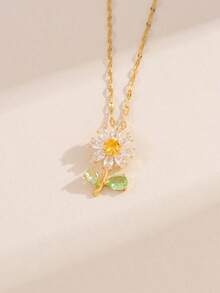 1pc Women's Fashionable Stainless Steel Chain Necklace With Fully Studded Cubic Zirconia Flower Pendant, Luxury & Vintage Style Steel Necklace Locking Collarbone, Slight Valentines,Mom,Mother,Mother's Day, - 金黃色 - 查看 4