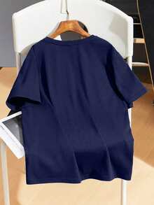 休闲泰迪熊印花短袖柔软T恤，街头风夏季上衣 - 藏蓝色 - 查看 3