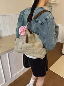 时尚女士手提包 2025 新款设计，小众单肩包，大容量通勤休闲百搭简约时尚斜挎包，纯色 PU 皮革牛仔设计，舒适材质，可拆卸长肩带，多拉链口袋，容量宽敞，秋季托特包 - 卡其色 - 查看 3