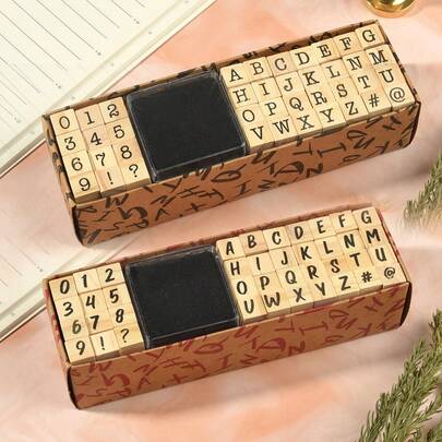 1 Box/2 Boxes, Wooden Rubber Stamps Numbers Letters Symbols Plus 1 Box Ink Pad DIY Scrapbook Diary Notebook Decoration Art Supplies, Back To School Supplies