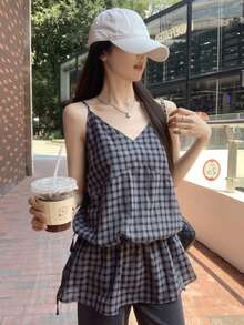 韩版V领复古格纹可调节肩带收腰中长双层吊带连衣裙 夏季优雅 - 藏蓝色 - 查看 5