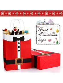 6/10 Pieces Christmas Gift Bags Large Santa Clause Suit Print Bag With Handle, Durable Kraft Paper Christmas Bags Present Wrapping Bags Candy Goodie Bags For Xmas Party Supplies