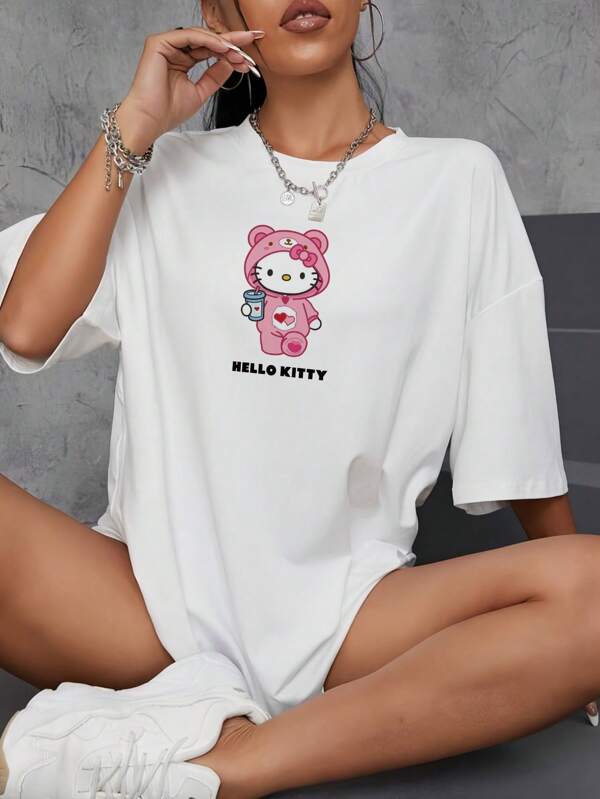 1 pezzo Maglietta casual da donna con stampa a cartone animato, girocollo, maniche corte, grafica sulla spalla, top, abbigliamento da casa, strato base, outfit estivi per donna