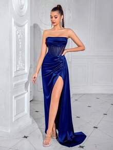 High-Grade Long Skirt Korean Velvet Tube Top Sexy Party Evening Dress Women's Dress - 金色 - 查看 6