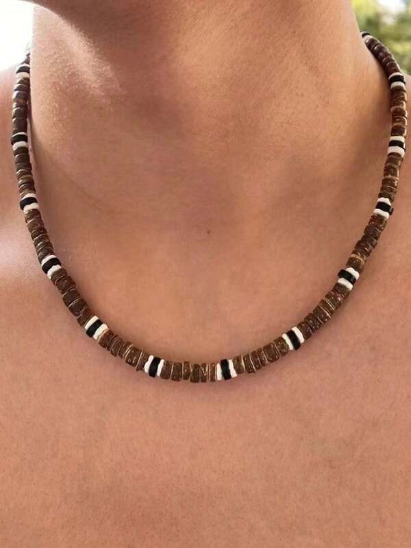 1pc Beach Style Personalized Hip-Hop Coconut Wooden Bead Necklace, Suitable For Men To Wear On Any Occasion