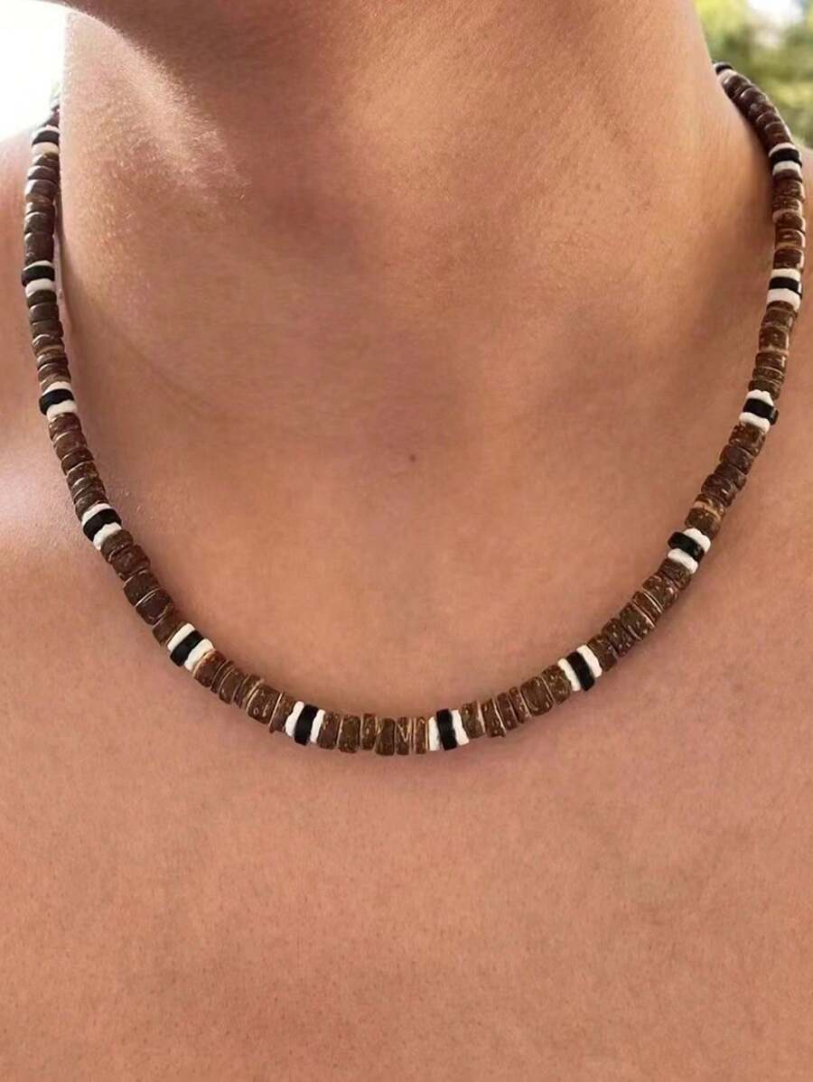 1pc Beach Style Personalized Hip-Hop Coconut Wooden Bead Necklace, Suitable For Men To Wear On Any Occasion