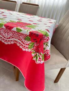 Toalha de Mesa em Tecido Oxford Para Mesas de 4 ou 6 Cadeiras Estampadas Casa e Decoração - flor vermelha - Visão 5