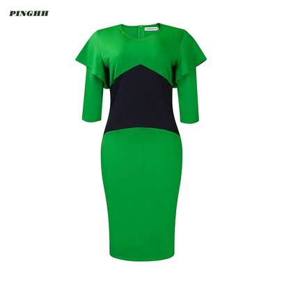 Women's Ruffle Wear To Work Dress, Long Sleeve Crew Neck Colorblock Sheath Bodycon Midi Dresses
