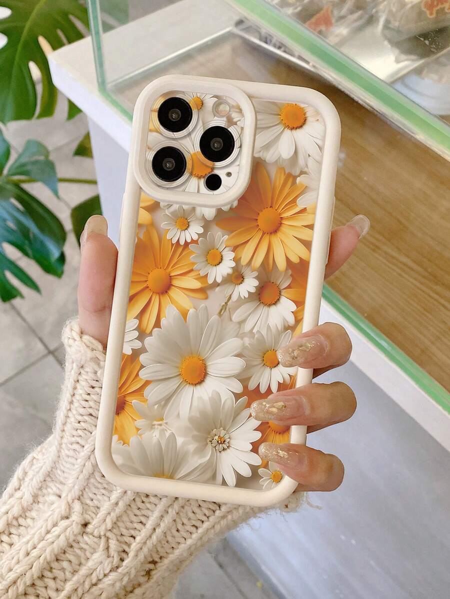 1pc Yellow Daisy Floral Pattern Designed With Precision Holes To Protect Camera, Thick And Shock-Absorbent Milky White Phone Case Compatible With IPhone 11 Pro Max, 12 Pro Max, 13 Pro Max, 14 Pro Max, 15 Pro Max, 16 Plus, 16 Pro Max, 16E, Compatible With Galaxy A55, A15, S24 Ultra, Compatible With Redmi, Compatible With OPPO, Compatible With Realme, Compatible With VIVO, Compatible With Infinix, Compatible With Honor, Compatible With MOTO, One Plus Waterproof Shockproof Anti-Fall Scratch Resistant,International Version, Not The Domestic Version - White - View 1
