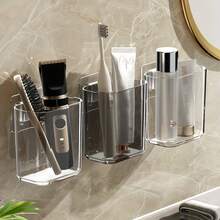 1个壁挂式牙刷架，免钻孔粘贴式浴室收纳架，简约设计，带排水孔的电动牙刷架，适用于浴室、厨房、家居用品、浴室配件 - 彩色 - 查看 3