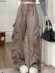 美式复古风格宽松阔腿工装裤/牛仔裤，绿灰色，冬季休闲装