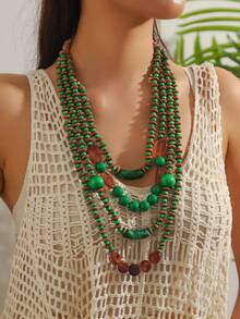 1 Stück handgemachte, bohemian-stil Mehrschicht-Halskette mit Perlen, Halskette mit Kunsttürkis, geeignet für Reisen, Partys und den täglichen Gebrauch, Holzperlen, leichte Unvollkommenheiten und Farbvariationen, nicht als defekt anzusehen, Vorsicht für diejenigen, die Perfektion suchen