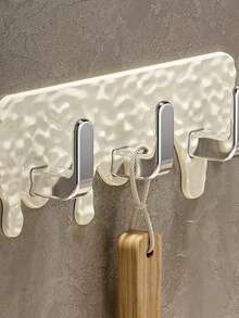 1pc Cream Colored Triple Hook Adhesive Bathroom Wall Hanging Rack, No Drilling Required