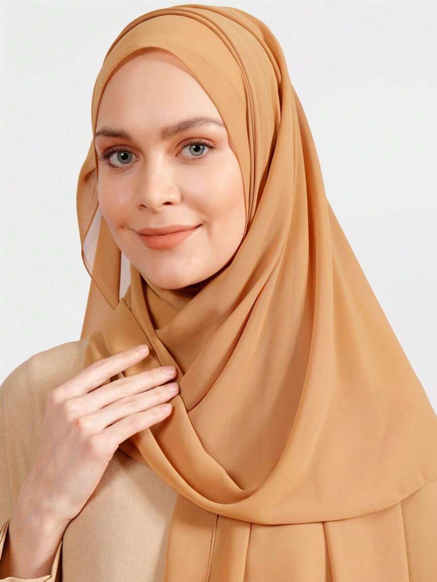 1 Peça Lenço de Cabeça Longo de Cor Sólida Conservadora Feito de Chiffon Macio com Pérolas, Adequado para Uso Diário no Oriente Médio