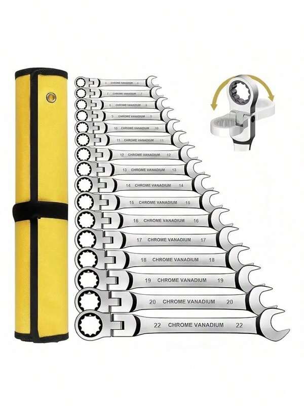 Juego de llaves combinadas flexibles con carraca, métricas de 8-17 mm, de acero al cromo vanadio, acabado espejo cromado, con estuche enrollable