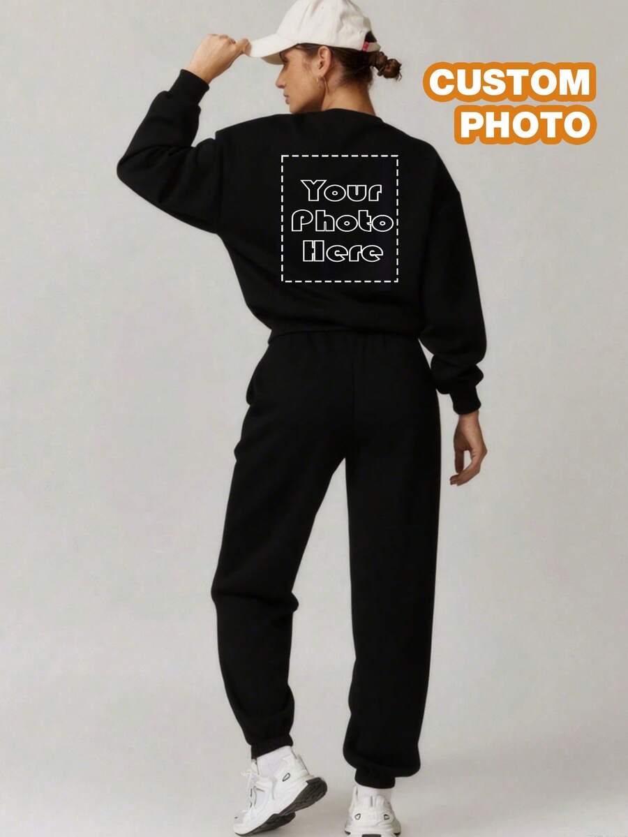 Customize Personalized Gifts With Unique Design, Add Your Own Text And Images (Badge Pattern/Company Logo/Family Photo/Selfie/Pet), Personalized Sweatshirt And Sweatpants Two Pieces Set - Black - View 1