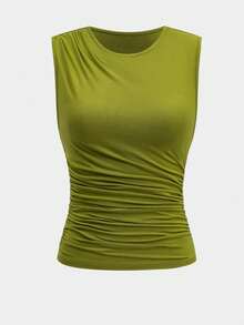 2pcs Plus Size Women Pleated Asymmetric Thigh Split Skirt And Sleeveless Crew Neck Top Set, 180G Knit Fabric