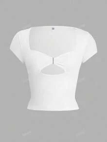 Women's Cropped Slim Top With Front Cutout Summer Tecico Suplex Blouse - trắng - Xem 2