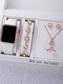 6pcs Set Minimalist Fashion LED Digital Electronic Watch & Rhinestone Jewelry Set, Suitable For Teenagers, Middle & High School Students, Back To School Essential Includes Necklace, Bracelet, Earrings And Ring