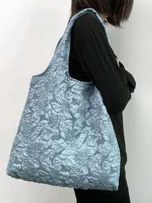 Stylish Floral Textured Tote Bag – Floral Tote Bag, Black Shoulder Bag, Large Capacity Bag, Women's Work Bag, Commuter Bag, Fabric Tote, Textured Handbag, Reusable Shopping Bag, Elegant Daily Bag, Minimalist Tote, Chic Canvas Bag, Teacher Gift Bag, Teen Girl Bag, Stylish Carryall, Office Bag Large Capacity Shoulder Bag For Work, School, Or Daily Use - Black - View 8