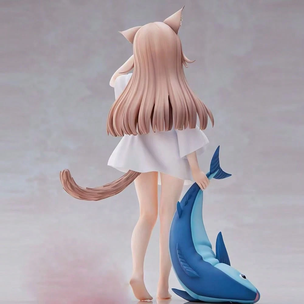 Resin figure of an anime-style cat girl, 18 cm tall, wearing a white dress with a fish design and holding a shark plush toy