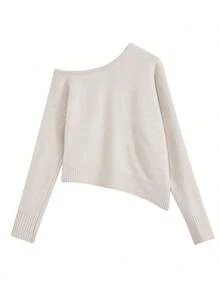 Áo len Mohair cho nữ, áo trễ vai bất đối xứng, phong cách giản dị rộng rãi - Màu be - Xem 4