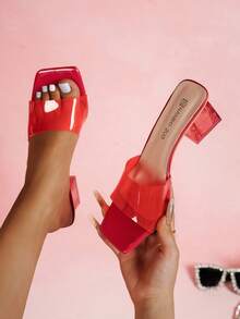 女士时尚透明绑带高跟凉鞋、女士纯色方头粗跟凉鞋、女士水晶鞋跟高跟凉鞋、女士户外防滑高跟凉鞋、女士优雅百搭高跟凉鞋、女士简约风格高跟凉鞋 - 紅色 - 查看 3