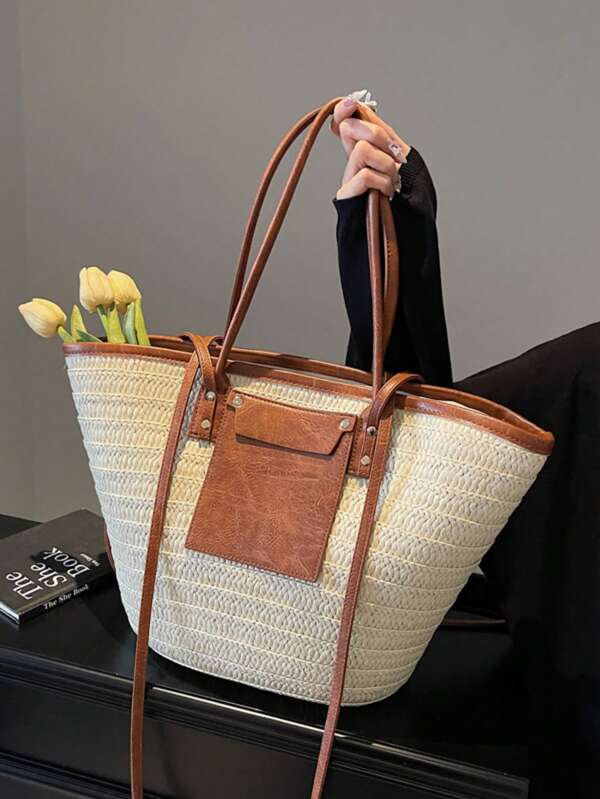 Fashionable Large Capacity Woven Tote Bag, New Seaside Vacation Shoulder Armpit Grass Woven Large Bag Simple And Large Capacity Beach Bag, Woven Straw Vacation Bag, Fashionable And Shoulder Bag