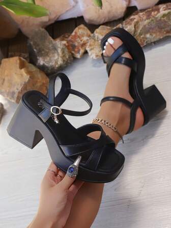 Women's Fashion Crystal Decor Buckle High Heel Platform Sandals, Peep Toe Thick Sole Criss-Cross Straps Upgraded Version