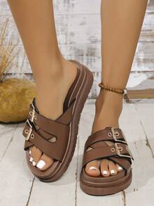 1 Pair Punk Style Rivet Embellished Platform Sandals, High-End Stylish Summer Footwear - Coffee Brown - View 4