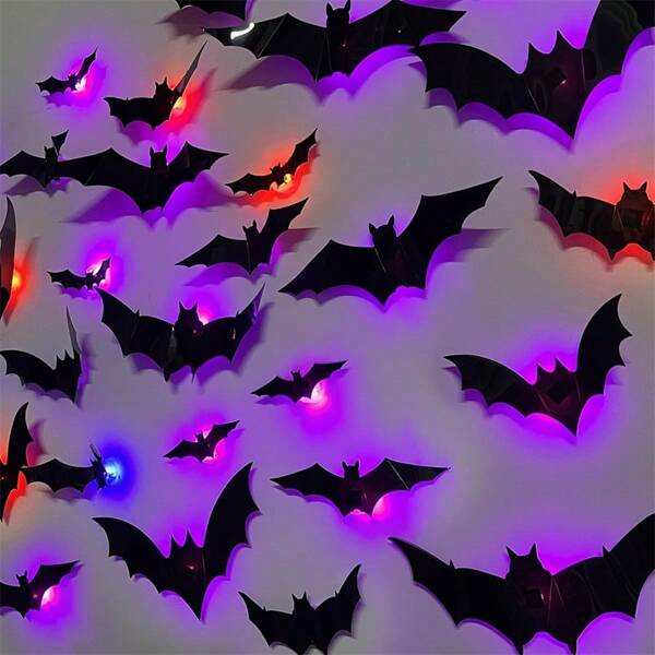 Set de 12 piezas/24 piezas Luces de noche de murciélago LED de Halloween, decoraciones navideñas, iluminación para dormitorio, muebles, fiestas, con pilas incluidas