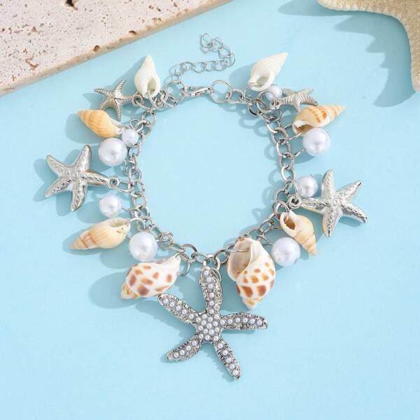 1pc Fashion Niche Ocean Style Faux Pearl & Shell Decor Starfish Pendant Anklet, Perfect For Summer Beach Party, Gift, Daily Wear Jewelry