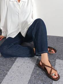 夏季新款金属装饰绑带平底凉鞋，女士 - 棕色 - 查看 5