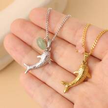 1pc Women's Stainless Steel Beach & Ocean Themed Shark Pendant Necklace With Natural Stone, Simple Everyday Necklace