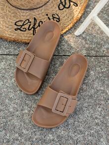 New European & American Style Strap EVA Thick Sole Slippers, Casual And Comfortable Outdoor Slide Sandals With Dual Buckles, Lightweight Anti-Slip Beach Shoes For Women - Chocolate Brown - View 4