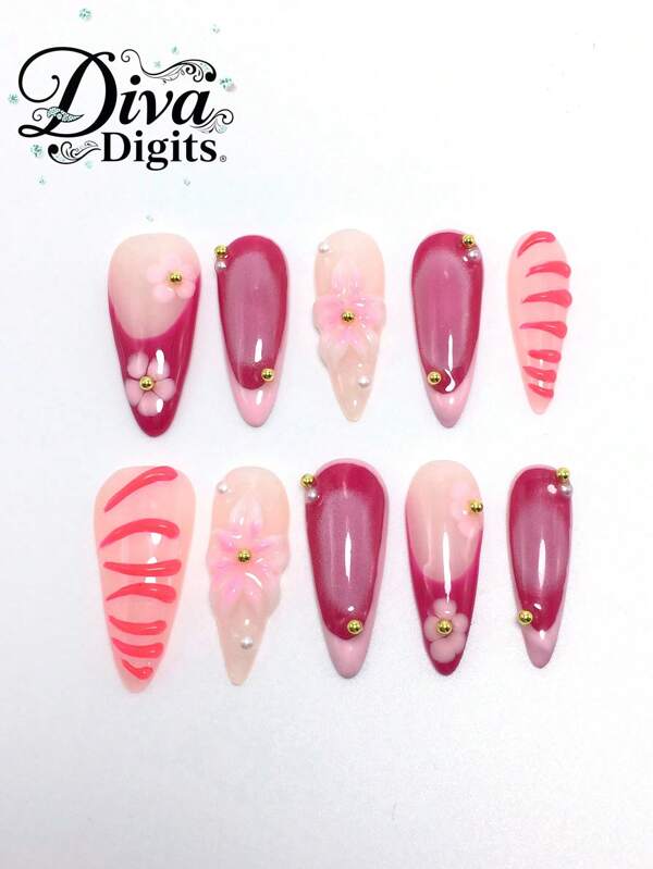 Each Set Consists Of 10 Handmade Acrylic Nail Plates With High Heels, Designed In French Style With Rhinestones, Petals, And Decorative Accents. Available In Red And Nude Colors. 3 Sizes To Fit, Suitable For Parties, Dances, And Daily Wear, Comes With A Nail Kit, Making It An Ideal Press On Nails Gift For Ladies And Girls.