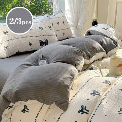 2/3件套黑色蝴蝶结、深灰色、超柔软、学生风、甜美可爱、磨毛被套枕套套装，春夏款，适用于双人床、大号床、特大号床