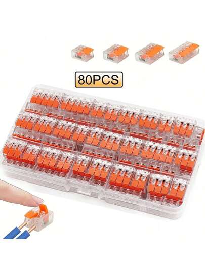 48/80/130 st. låda: Supersnabba polkontakter - 2, 3, 4 och 5-portars kabelklämmor, sortimentssats för elektriska kabelkontakter, elektriska kamkontakter lämpliga för olika ledningstyper, snabbkopplingssats för kompakt skarvkoppling, levereras med transparent låda