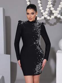 New Elegant Women's Luxury Heavy Industry Bright Diamond Design Mini Bandage Dress Small Stand Collar Long Sleeve Slimming Women's Bandage Dress Women's Wedding/Bridesmaid/Banquet/Women's Formal Banquet Mini Dress - Black - View 4