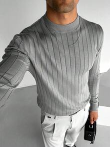 男士 Old Money 加厚百搭毛衣，秋冬款，长袖上衣 - 灰色 - 查看 3