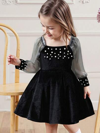 Abito da principessa in velluto e pizzo con maniche lunghe in rete, decorato con perle, adatto a ragazze di 4-7 anni, colore nero, adatto per uso casual, vacanze e occasioni di festa, primavera/autunno