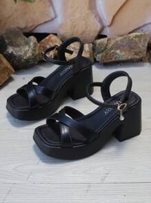 女士时尚水晶装饰扣高跟厚底凉鞋，露趾厚底交叉带升级版 - 黑色 - 查看 7