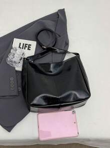 Bolso de hombro de mujer de estilo de moda, sencillo y clásico, con diseño de asa ajustable y cruzada, de tela texturizada de unicolor casual y versátil, adecuado para el uso diario de estudiantes universitarios, con gran capacidad de almacenamiento