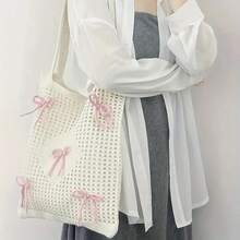 Butterfly-Decorated College Style Crochet Handbag, Solid-Color Polyester Fiber Single-Shoulder Bag, Foldable Fashionable Beach Bag, Vacation Girl Feel, Large Capacity Opening Design - 粉色 - 查看 2